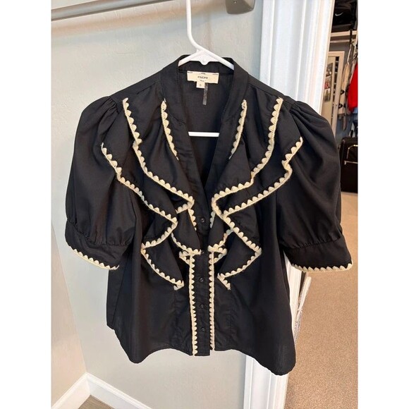 Entro Tops - Entro Women’s Black Crochet Trim Ruffle Top, Size S, Button Front, Puff Sleeve